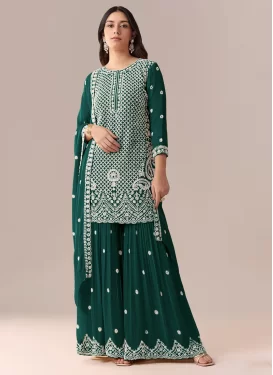 Georgette Palazzo Suit with Embroidered Work in Green for Festival