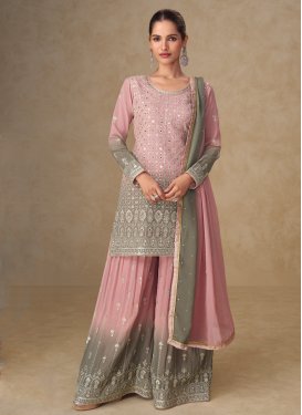 Georgette Palazzo Suit with Embroidered Work in Grey and Pink