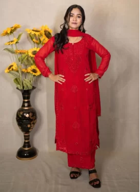 Georgette Palazzo Suit with Embroidered Work in Red