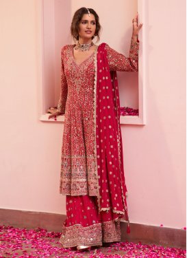 Georgette Palazzo Suit with Embroidered Work in Red for Party