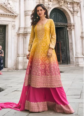 Georgette Palazzo Suit with Embroidered Work in Rose Pink and Yellow