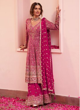 Georgette Palazzo Suit with Embroidered Work in Rose Pink for Ceremonial