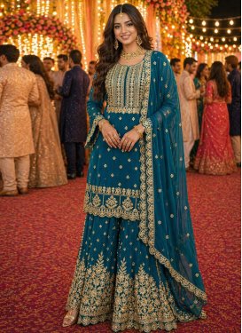 Georgette Palazzo Suit with Embroidered Work in Teal