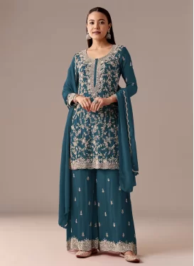 Georgette Palazzo Suit with Embroidered Work in Teal