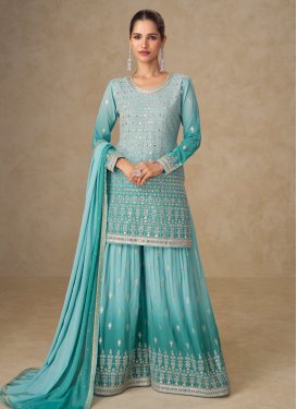 Georgette Palazzo Suit with Embroidered Work in Turquoise