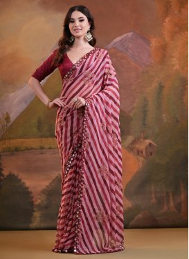 Georgette Pink and Red Mirror Work Designer Contemporary Style Saree