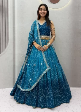 Georgette Readymade Lehenga Choli in Light Blue and Teal with Bandhani Print Work for Festival