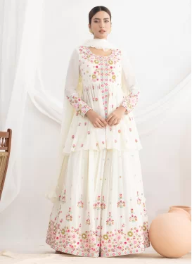 Georgette Readymade Lehenga Choli in White with Cutdana Work for Festival