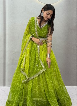 Georgette Readymade Lehenga Choli with Bandhani Print Work for Festival in Mint Green and Olive