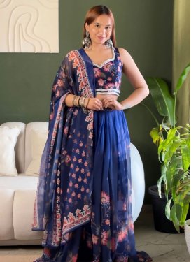 Georgette Readymade Lehenga Choli with Digital Print Work for Festival in Navy Blue