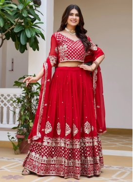 Georgette Readymade Lehenga Choli with Embroidered Work in Red for Festival