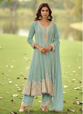 Georgette Readymade Salwar Suit in Aqua Blue with Cutdana Work for Women