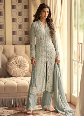 Georgette Readymade Salwar Suit with Cutdana Work for Party in Aqua Blue