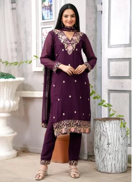 Georgette Readymade Salwar Suit with Embroidered Work for Ceremonial in Purple