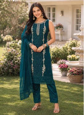 Georgette Readymade Salwar Suit with Embroidered Work for Festival in Teal