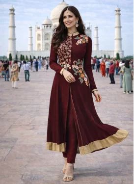Georgette Readymade Salwar Suit with Embroidered Work for Women in Maroon