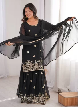 Georgette Sharara Suit in Black with Embroidered Work for Festival