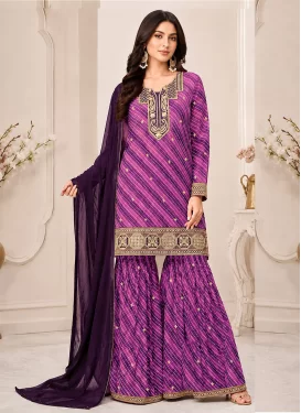 Georgette Sharara Suit in Magenta and Purple with Digital Print Work for Women