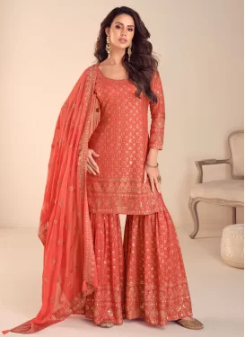 Georgette Sharara Suit in Tomato with Embroidered Work for Women