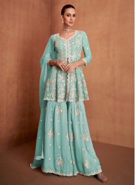 Georgette Sharara Suit with Embroidered Work for Ceremonial in Turquoise