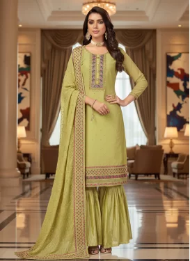 Georgette Sharara Suit with Embroidered Work for Ceremonial in Yellow