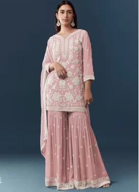 Georgette Sharara Suit with Embroidered Work for Festival in Salmon