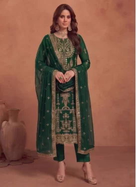 Georgette Straight Suit with Embroidered Work for Women in Green