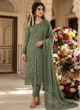 Georgette Straight Suit with Embroidered Work for Women in Olive