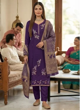 Georgette Straight Suit with Embroidered Work for Women in Purple