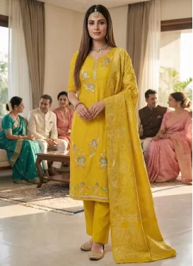 Georgette Straight Suit with Embroidered Work for Women in Yellow