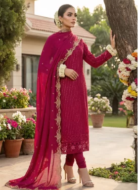 Georgette Straight Suit with Embroidered Work in Rose Pink for Festival
