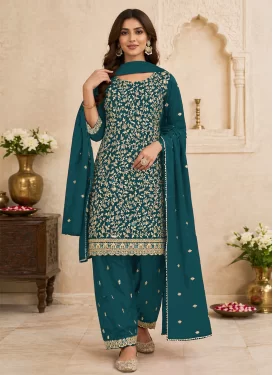Georgette Straight Suit with Embroidered Work in Teal