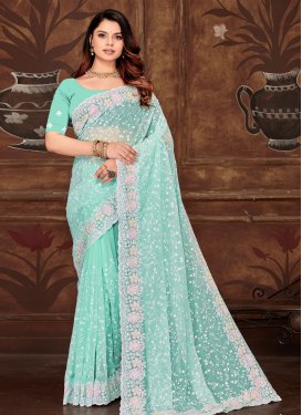Georgette Traditional Saree in Turquoise with Embroidered Work for Women