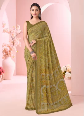 Georgette Traditional Saree with Digital Print Work in Olive