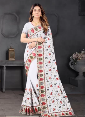 Georgette Traditional Saree with Embroidered Work for Festival in Off White