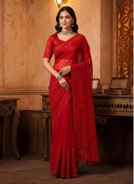Georgette Traditional Saree with Embroidered Work in Red for Party