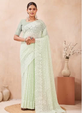 Georgette Traditional Saree with Embroidered Work in Sea Green for Ceremonial