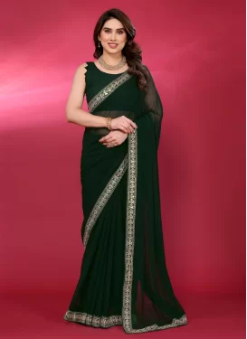 Georgette Traditional Saree with Lace Work in Bottle Green