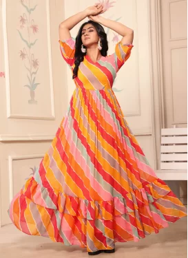 Georgette Trendy Gown with Digital Print Work for Ceremonial in Multi Colour