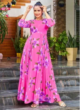 Georgette Trendy Gown with Digital Print Work in Hot Pink for Festival