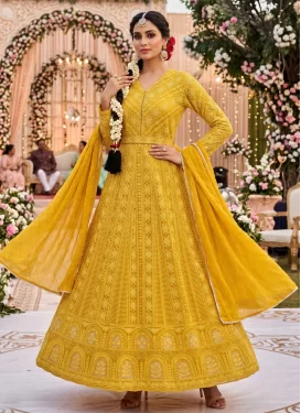 Georgette Trendy Gown with Embroidered Work in Mustard