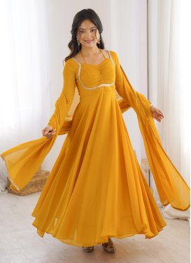 Georgette Trendy Gown with Lace Work for Women in Mustard