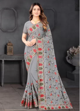 Georgette Trendy Saree in Grey with Embroidered Work for Women