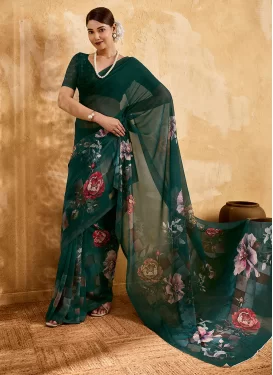 Georgette Trendy Saree with Digital Print Work in Bottle Green