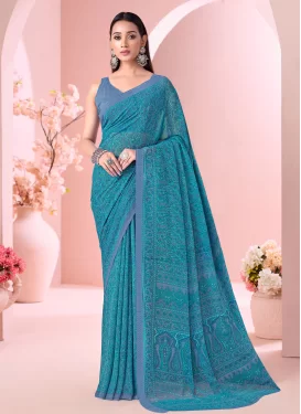 Georgette Trendy Saree with Digital Print Work in Light Blue for Casual