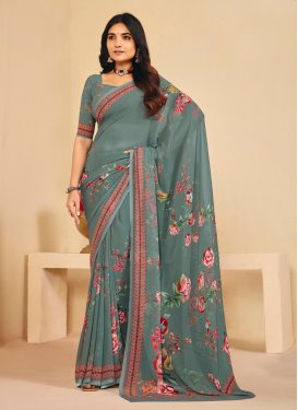 Georgette Trendy Saree with Digital Print Work in Sea Green