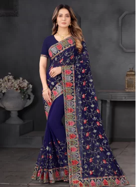 Georgette Trendy Saree with Embroidered Work in Navy Blue