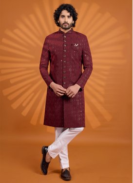 Georgette Wedding Sherwani in Off White and Red with Embroidered Work for Men