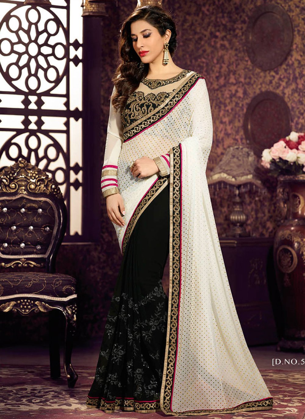 Faux Georgette Patch Border Half N Half Designer Saree in Black and Off  White -