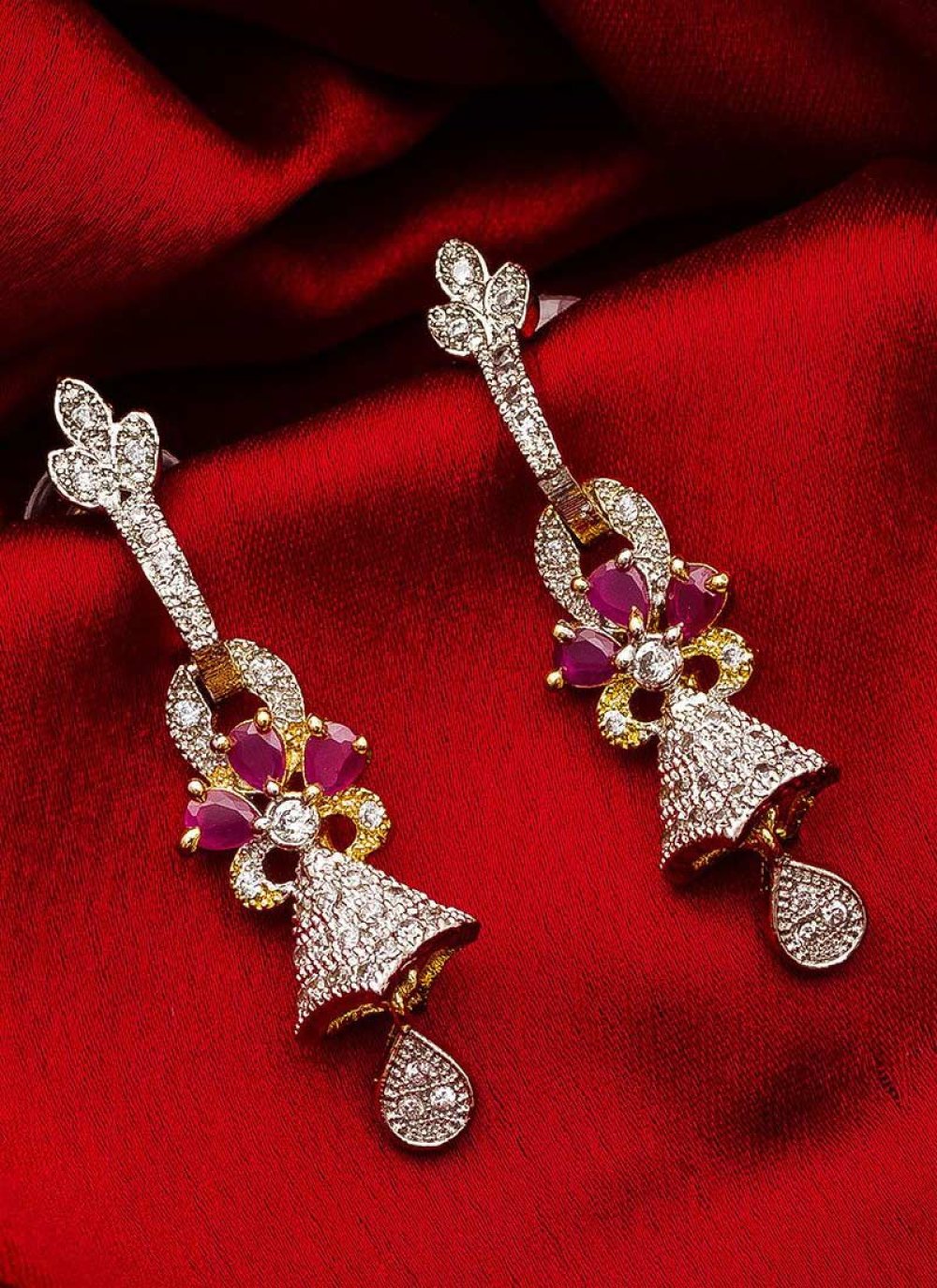 Glitzy Alloy Rose Pink and White Stone Work Earrings